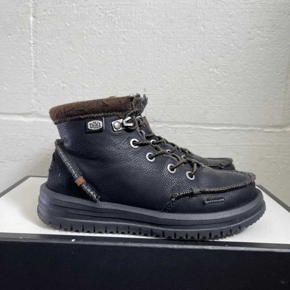 Hey Dude Bradley Boot Black Leather‎ Lace Up Kids Size 1 US/33 EU